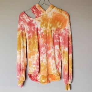 LAMade Tie Dye Cutout Shoulder Hooded Sweatshirt Size S